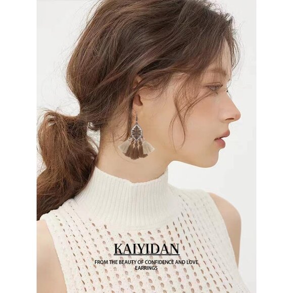 Brown Tassels Oval Shaped Enamal Dangle Statement Vintage Earring for Women - Picture 10 of 10